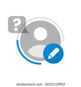 Ilustração de um perfil de usuário incompleto com uma barra de progresso e um ícone de caneta, representando um lembrete ou prompt para completar informações pessoais ou atualizar detalhes da conta