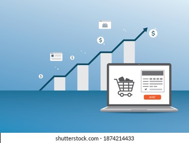illustration of increasing graph for e-commerce.  rising graph with e-commerce icons and online shopping page on laptop screen.