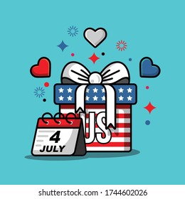illustration of independence day 4th of July with American flag theme, balloons, skylines and birthday gifts