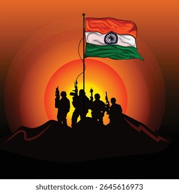 Illustration of Independence Day India concept with beautiful Tricolor flag and soldiers. 15th August vector design with creative background.