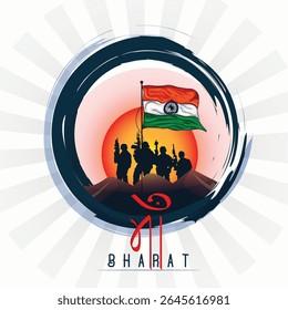 Illustration of Independence Day India concept with beautiful Tricolor flag and soldiers. 15th August vector design with creative background.