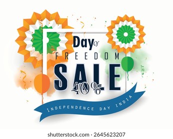 Illustration of Independence Day India concept with beautiful Tricolor Indian flag Balloons birds and elements. 15th August designs of Indian Sale 
