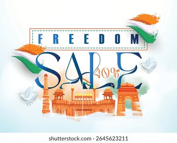 Illustration of Independence Day India concept with beautiful Tricolor Indian flag Balloons birds and elements. 15th August designs of Indian Sale 