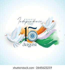 Illustration of Independence Day India concept with beautiful Tricolor Indian flag Balloons birds and elements. 15th August designs of Indian Sale 