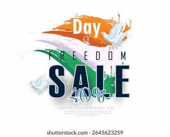 Illustration of Independence Day India concept with beautiful Tricolor Indian flag Balloons birds and elements. 15th August designs of Indian Sale 