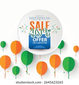 Illustration of Independence Day India concept with beautiful Tricolor Indian flag Balloons birds and elements. 15th August designs of Indian Sale 