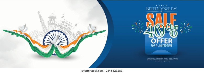 Illustration of Independence Day India concept with beautiful Tricolor Indian flag Balloons birds and elements. 15th August designs of Indian Sale 