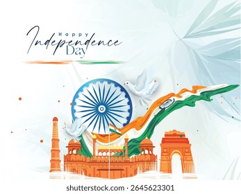 Illustration of Independence Day India concept with beautiful Tricolor Indian flag Balloons birds and elements. 15th August designs of Indian Sale 