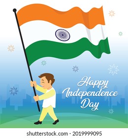 Illustration of Independence day of India. In this poster young man walking on the road holding an Indian flag