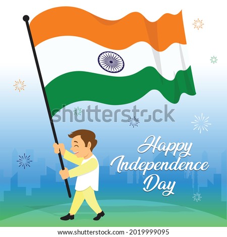 Illustration of Independence day of India. In this poster young man walking on the road holding an Indian flag