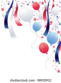 an illustration of an independence day party background with balloons stars and ribbons in red white and blue