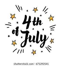 Illustration of Independence Day Vector. Comic style Poster. 4th of July Paper Lettering on white background with Stars and clouds. Marker sketch style. Vector illustration.