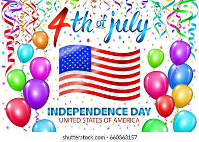 Illustration of Independence Day Vector Poster. 4th of July Lettering. American Red Flag on Blue Background with Stars and Confetti. colorfull ballon art