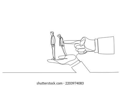 Illustration Of Index Finger Overturns Row Of Businessman Standing On Big Hands. Metaphor For Dismissal, Unemployment, Layoffs. One Line Art Style
