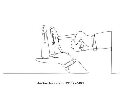 Illustration of index finger overturns row of arab man standing on big hands. Metaphor for dismissal, unemployment, layoffs. One line art style
