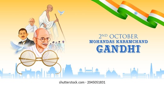 illustration of India background with Nation Hero and Freedom Fighter Mahatma Gandhi popularly known as Bapu for 2nd October Gandhi Jayanti