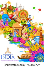 illustration of India background showing its culture and diversity with monument, dance and festival