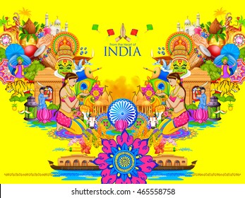 Illustration Of India Background Showing Its Culture And Diversity With Monument, Dance And Festival