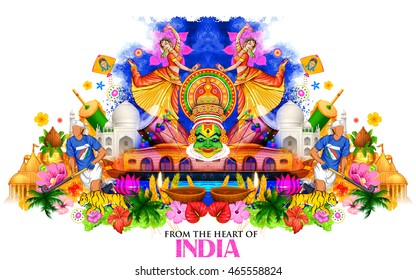 Illustration Of India Background Showing Its Culture And Diversity With Monument, Dance And Festival