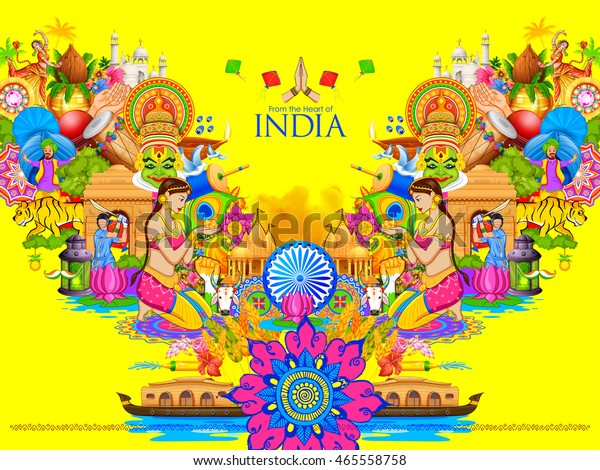 illustration of India\
background showing its culture and diversity with monument, dance\
and festival