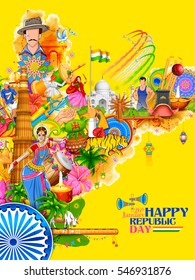 illustration of India background showing its incredible culture and diversity with monument, dance and festival for 26th January Republic Day of India