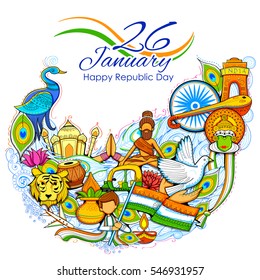 illustration of India background showing its incredible culture and diversity with monument, dance and festival celebration for 26th January Republic Day of India
