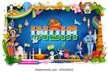 illustration of India background showing its incredible culture and diversity with monument, dance festival