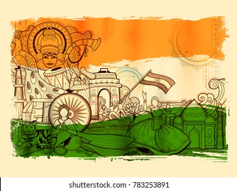 illustration of India background showing its incredible culture and diversity with monument, dance and festival