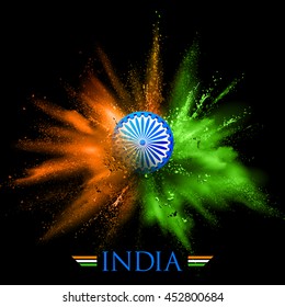 illustration of India background in tricolor and Ashoka Chakra with powder color explosion