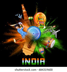 illustration of India background in tricolor and Ashoka Chakra with powder color explosion