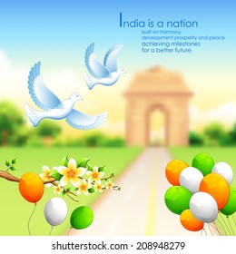 illustration of India background with tricolor balloon and India Gate