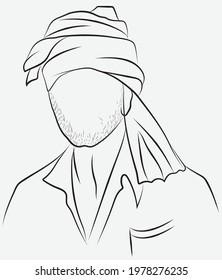 Illustration Of India Farmer, Turban Wearing Poor Man, Vector Line Art Of Indian