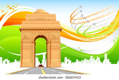 illustration of India gate on abstract flag tricolor background