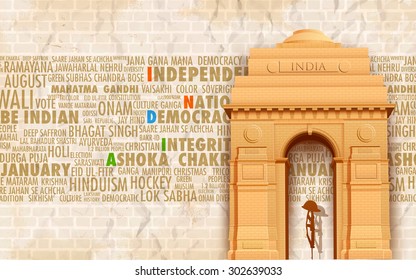 illustration of India gate on abstract background with relative text