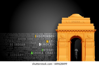 ilustración de la puerta de la India sobre el fondo tricolor de la bandera abstracta para la celebración del Día de la República y el Día de la Independencia