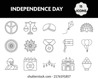 Illustration Of India Independence Day 15 Icon Set In Line Art.
