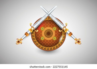 Illustration of  India Rajputana Dagger and shield with gold and silver