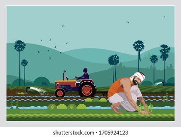illustration of Indian agriculture with indian farmer