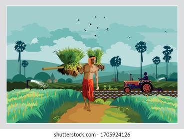 illustration of Indian agriculture with indian farmer