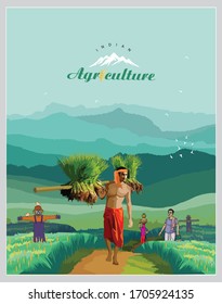 Illustration Of Indian Agriculture With Indian Farmer