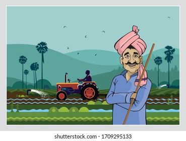 Illustration of Indian agriculture and happy farmer