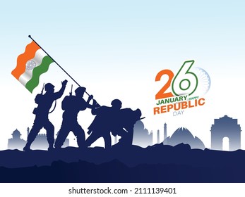 illustration of Indian army with flag for Happy Republic Day of India celebration.
