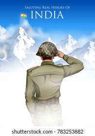 illustration of Indian Army soilder saluting falg of India with pride