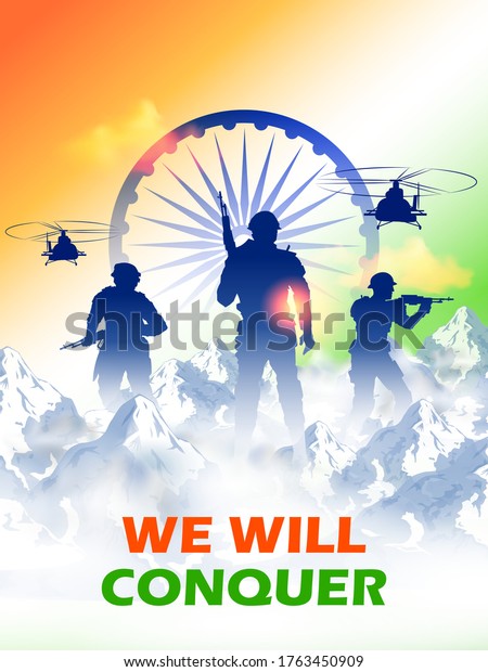 illustration of Indian Army solider nation\
hero on Pride of India\
background