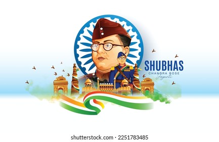 illustration of Indian background with Nation Hero and Freedom Fighter Subhash Chandra Bose