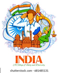 illustration of Indian background with people saluting with famous monument Red Fort for Independence Day of India