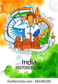 illustration of Indian background with people saluting with famous monument Red Fort for Independence Day of India