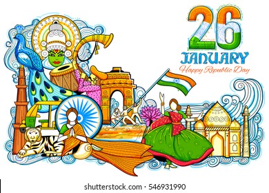 illustration of Indian background showing its incredible culture and diversity with monument, dance and festival celebration for 26th January Republic Day of India