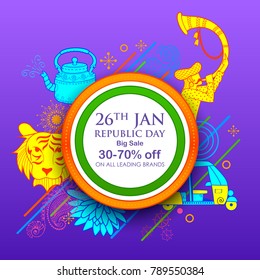 illustration of Indian background with tricolor for 26th January Happy Republic Day of India Sale and Promotion Advertisement banner