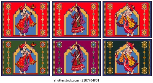 Illustration of Indian characters in national clothes. Decorative panel. Indian dance. Vector clipart. Decoupage, wall decor, print.